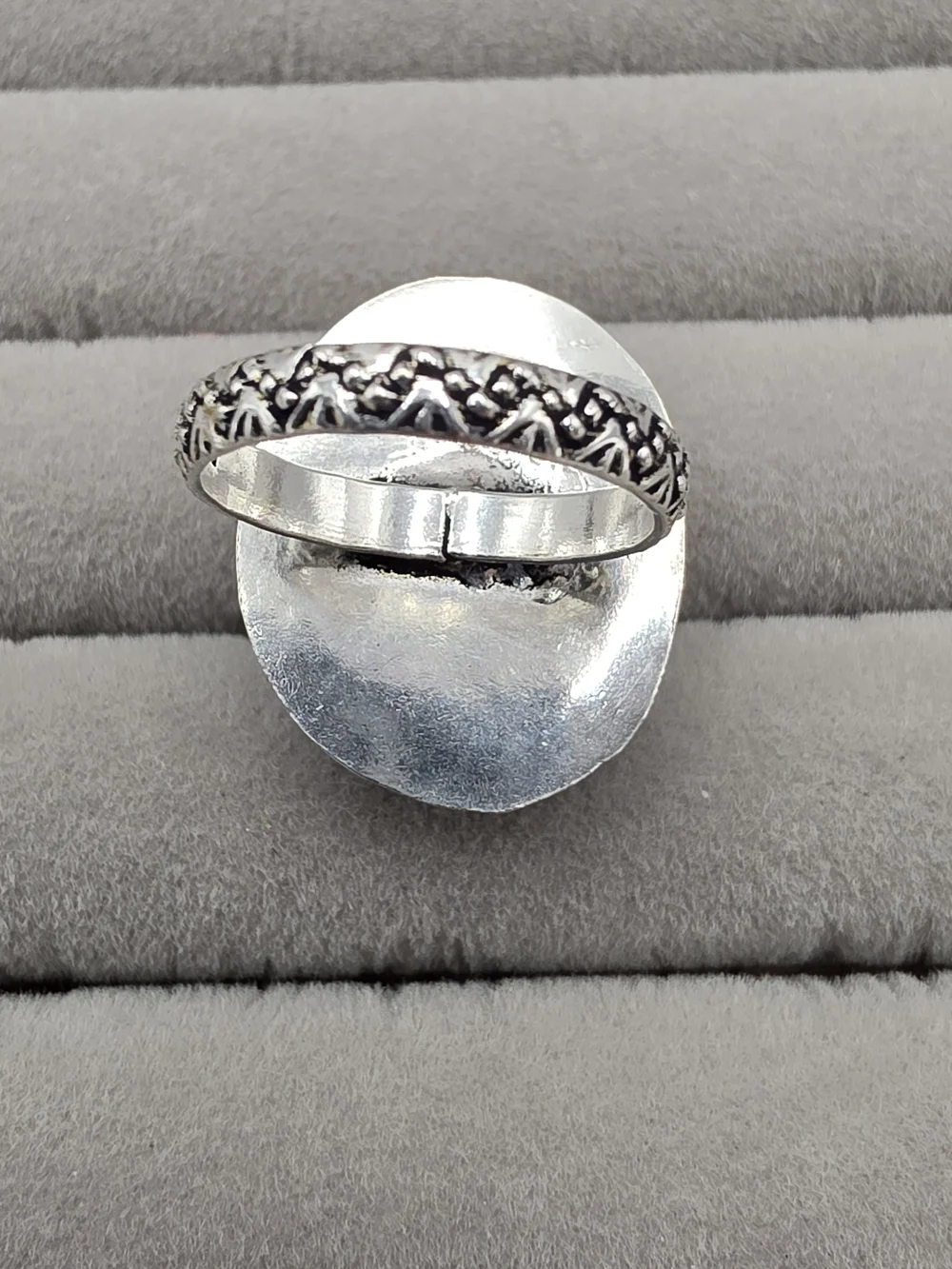 Silver Plared Oval Statement Ring Size 6 3/4 with Engraved Clear Quartz Stone
